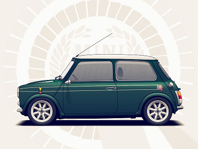 Mini Cooper auto automotive car classic cooper illustration mini racing rims vehicle vintage wheels