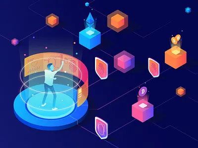Biometrics + Blockchain biometrics blockchain character illustration isometric vector