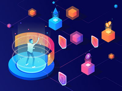 Biometrics + Blockchain biometrics blockchain character illustration isometric vector