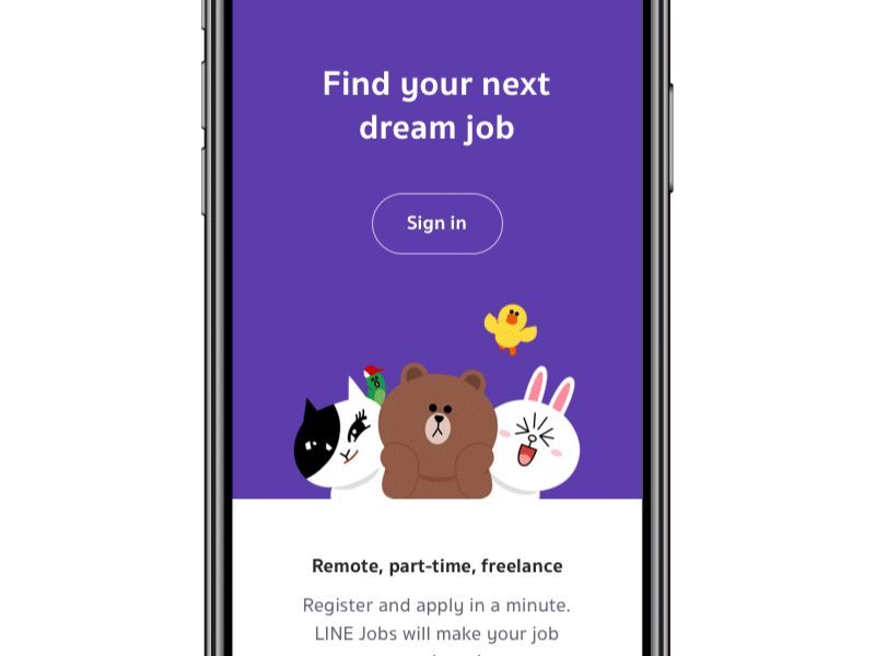 LINE Jobs iteration — Framer asia brown character conny framer home illustration japan jobs landing line minimal mobile prototype purple responsive sally sign in slider web