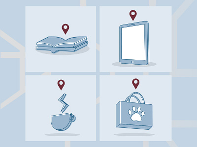 Icons blue book expo cats coffee icons illustrator library maps maroon pins