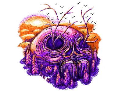 Sunset on Skullrock birds mountain pointillism skull stipple sunset trees