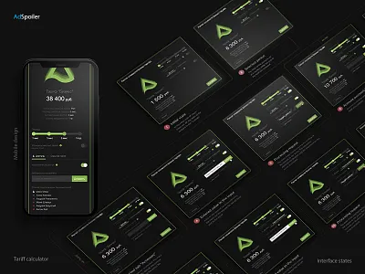 Tariff calculator in AdSpoiler SaaS service. User flow calculator card dark interface states popup tariff calculator ui user flow ux