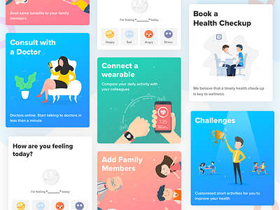 Dashboard Cards card challenges doctor family fitness health checkup healthcare mobile moods ui wearable