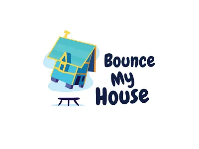 Bounce My House blue bounce fun home house logo playful trampoline