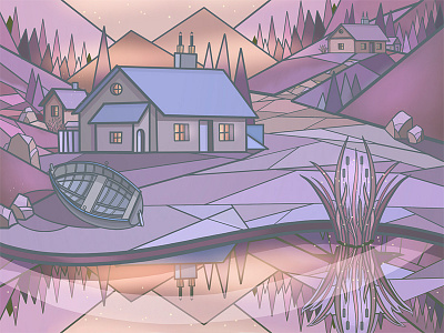 House by a Lake art blue digital painting hand drawn illustration night painting photoshop pink psd violet