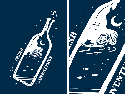 Fresh Adventures bottle canoe fish moon mountain nature scene star summer trees wine