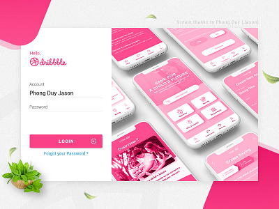 Hello Dribbble login mockup pink screen