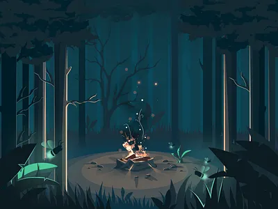 Fireplace Illustration fire illustration fireflies fireplace forest illustration landscape woods