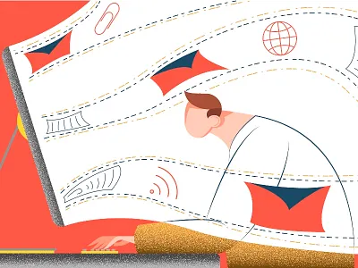 WEB Surfer character computer desktop flat illustration internet surfing web