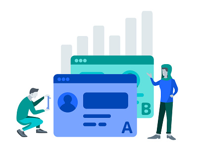 UX Design Process Illustration - Measure and Improve bar blue design flat graph illustration man people ux wireframe woman