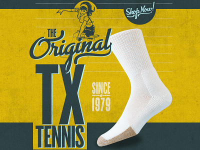 TX Tennis 1979 blue green navy sock tennis type vintage yellow