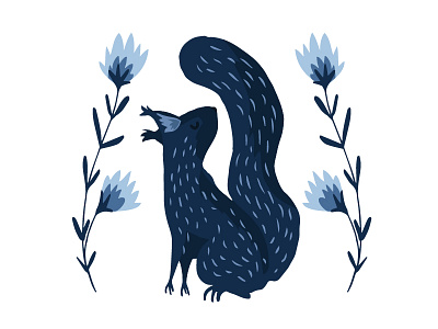 Squirrel animal blue detail floral flowers hand drawn illustration outdoors wildlife
