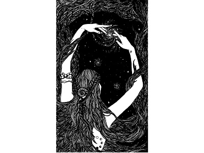 The Wheel of Fortune black black and white digital illustration galaxy goddess illustration night stars tarot tattoo woman