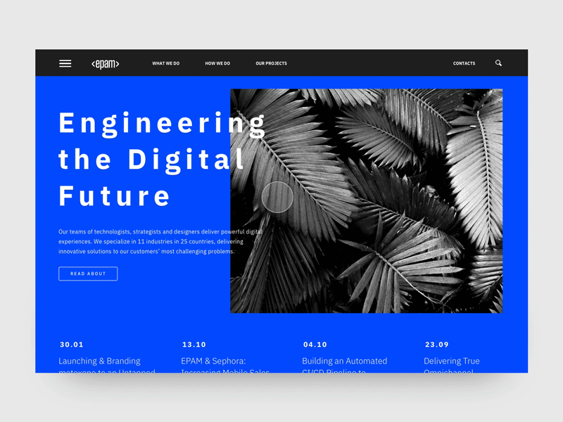 Menu animation blue digital engineering epam gif interaction interface layout menu motion website