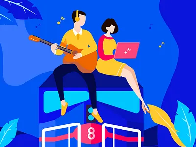 Poetry and far away design grass guitar illustrations man sing train vector woman