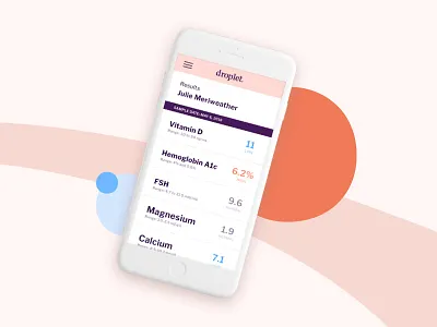 Droplet Results app blood test branding droplet health medical period product results shipping ui