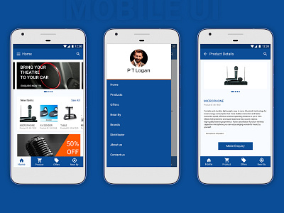 Mobile Ui : Home, Side Menu and Product Detail page blue bottom navigation design detail home material design mobile ui product side menu ui user interface