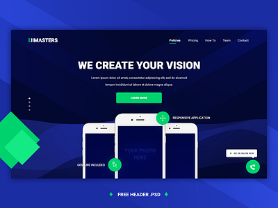 UIMASTERS - Free header .psd app design application for free free freebie header landing page mobile design ui design webdesign