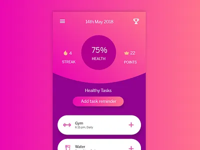 Healthy Tasks button crown daily fire fitness fitness app game gamify gym health healthy icon menu points purple reminder streak tasks uidesign water