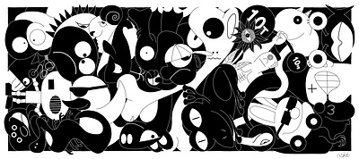 'Everyday Fun Day', May 2024, 24" x 54" absurdism animals character design creatures drawing fine art humor illustration pop art surrealism