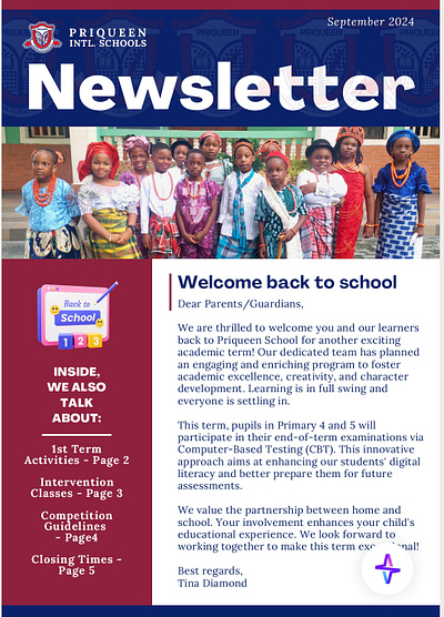 Priqueen International School September 2024 Newsletter graphic design logo ui