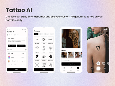 Tattoo AI: Personalized Tattoo Design with AI ai app app design creative tech custom tattoos design digital design illustration mobile app tattoo design ui ui design ui ux user interface ux vector