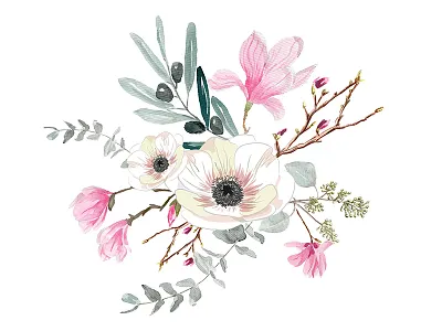 Floral bouquet drawing flowers illustration leaves painting pattern pink watercolor