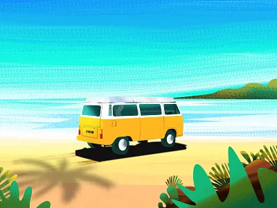 Van 4 wheeler beach day light nature plants sea shadow sun shade vehicle volkswagen water