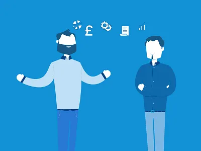 Two business people talking and discussing. blue business character communication employee flat illustration information people pounds talk vector