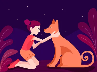 Pet Lover@ dog. flat vector girl illustration nature plants stars