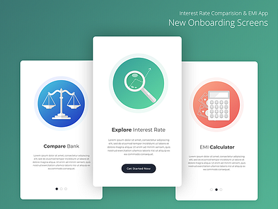 On boarding Screens for Interest Rate Comparision & EMI APP calculator compare explore onboarding screens search