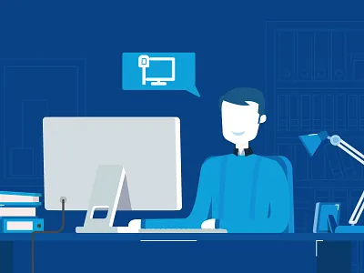 Business person working on computer books character computer design flat lamp man minimal pc table vector work. blue