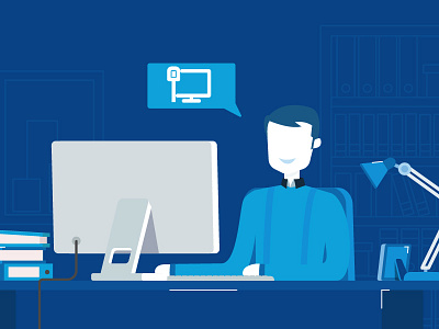 Business person working on computer books character computer design flat lamp man minimal pc table vector work. blue