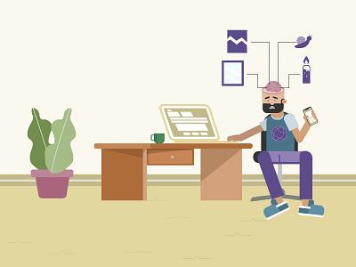 Illustration for UX Phsychology Article brain laptop plants psychology table ux