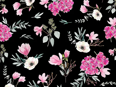 Floral pattern black drawing flowers illustration leaves painting pattern pink watercolor