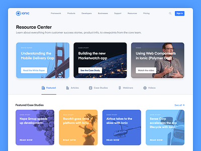 New Resource Center design desktop interface ionic landing page resources ui website