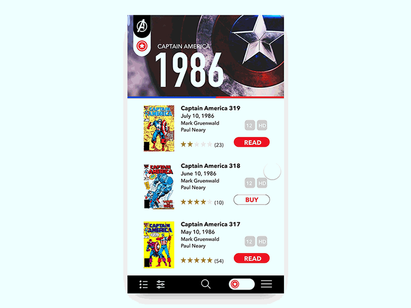 Marvel Unlimited UI Concept: Invision Studio app dark ui design gif invision invision studio marvel marvel unlimited mobile ui ux