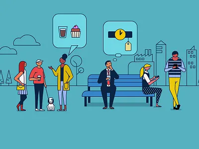 Logistics Explainer People 2 character design characters city coffee cupcake dog hipster millenials park people shopping smartphone texting