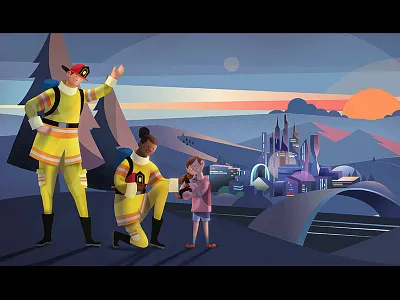 Cityscape Honda automotive boy character design characters firefighters futuristic honda puppy robotics