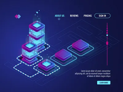 Big data processing 3d art computer computing data flow isometric neon server technology ui ux