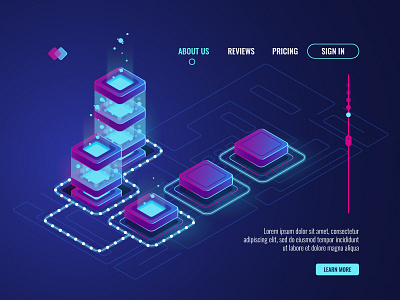 Big data processing 3d art computer computing data flow isometric neon server technology ui ux