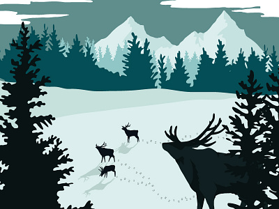 Winter creek animals forest illustration mountains outdoor silhouette snow vector wild wildlife winter