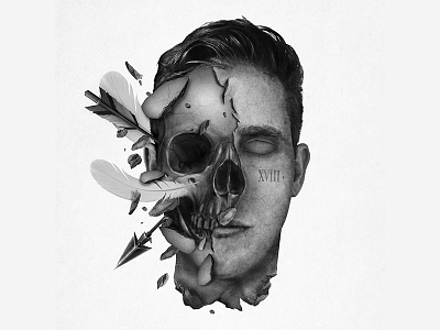 Self Portrait arrow artwork black feather grey photo portrait skull white