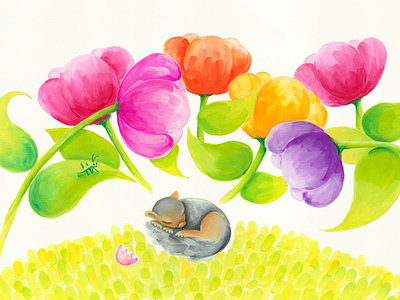 Gouache illustration garden gouache hand illustrated squirrel tulips watercolor