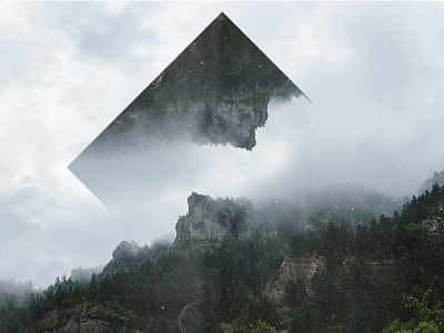 Rocks on a forested slope - Geometric landscapes brown clouds fog forest geometric geometric landscapes green grey landscape mountain