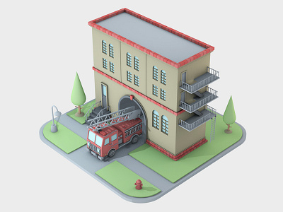 Firehouse 3d building c4d cinema 4d firehouse firetruck isometric mediocre design