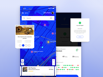 Xplor - Museum quiz app blue cards homescreen ios map options points quiz result question