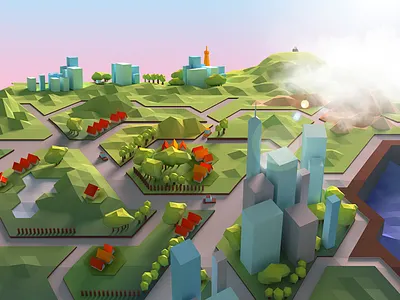 City buildings city game houses low poly roads skyscrapers sunrise trees