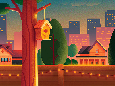 Backyard detail anano backyard city cute home house illustration light puzzle skyline tree warm